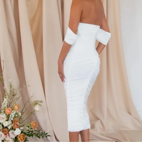 NWT Club L White Maternity Bardot Ruched Draped Midi Dress Size 8 - Picture 6 of 14